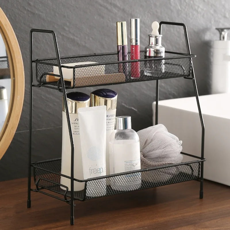 2-Tier Multi-Purpose Storage Rack – Metal Mesh Desktop Organizer for Kitchen, Bathroom & Office