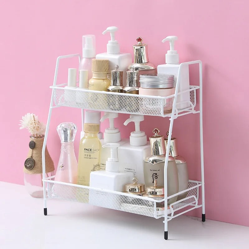 2-Tier Multi-Purpose Storage Rack – Metal Mesh Desktop Organizer for Kitchen, Bathroom & Office