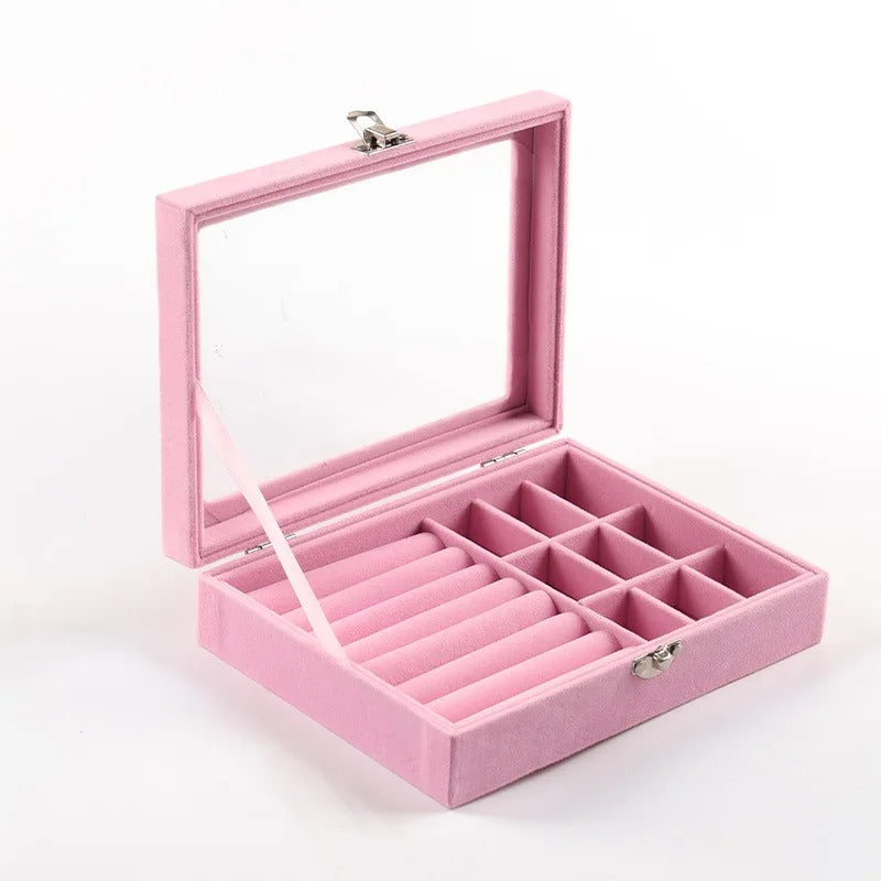 Velvet Jewelry Organizer Box with Glass Lid – Ring, Earrings & Accessories Storage Case