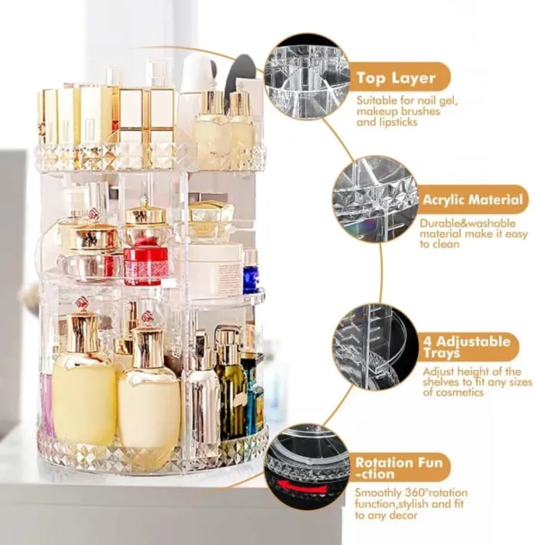 360° Rotating Acrylic Diamond Organizer – Large Capacity Makeup & Jewelry Storage