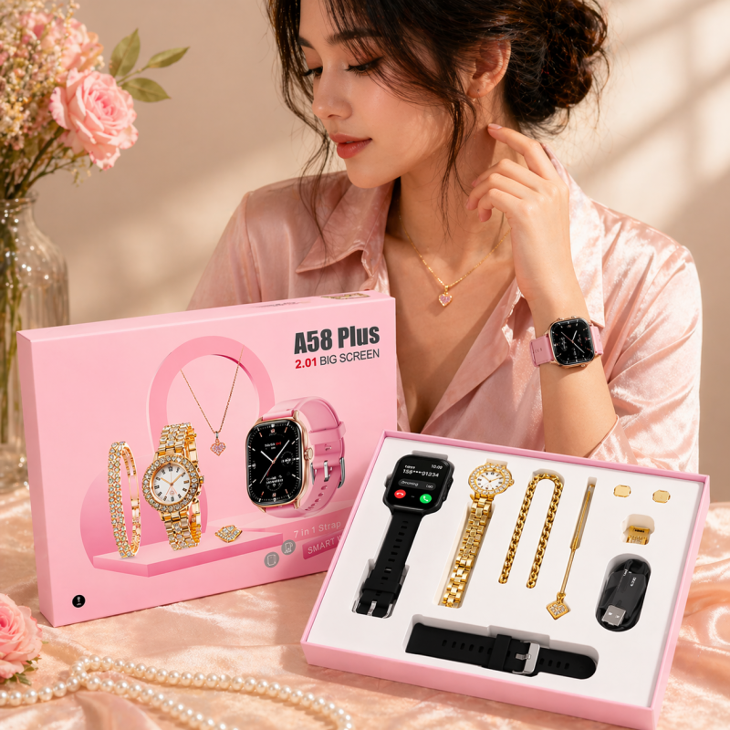 A58 Ladies Smart Watch Couple Gift Set – Luxury Smartwatch with Jewelry Accessories