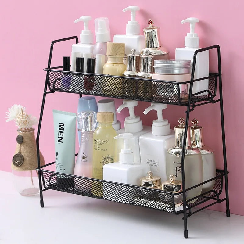 2-Tier Multi-Purpose Storage Rack – Metal Mesh Desktop Organizer for Kitchen, Bathroom & Office