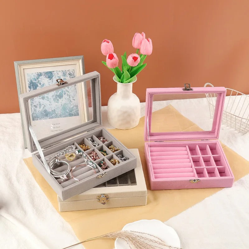 Velvet Jewelry Organizer Box with Glass Lid – Ring, Earrings & Accessories Storage Case