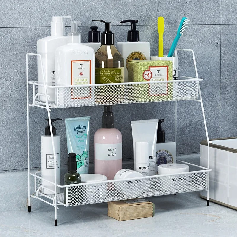 2-Tier Multi-Purpose Storage Rack – Metal Mesh Desktop Organizer for Kitchen, Bathroom & Office