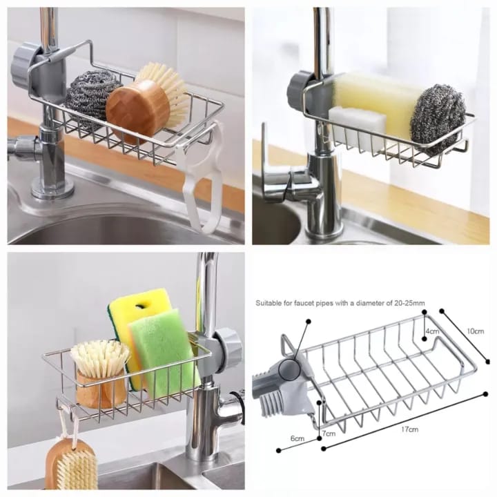 Stainless Steel Faucet Sink Organizer Rack – Soap Holder, Sponge & Brush Storage with Drain Design (Rust-Free)