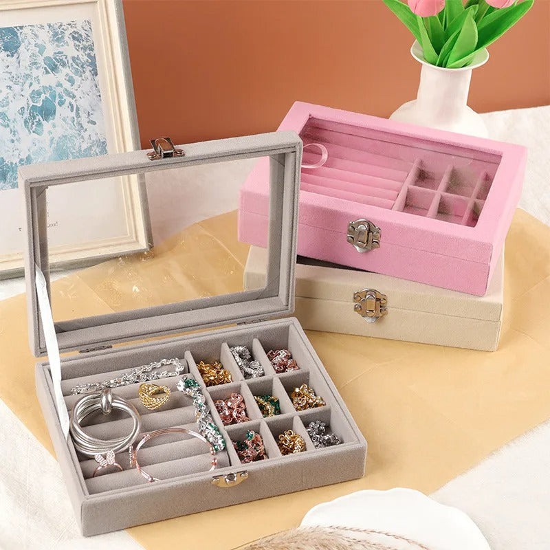 Velvet Jewelry Organizer Box with Glass Lid – Ring, Earrings & Accessories Storage Case