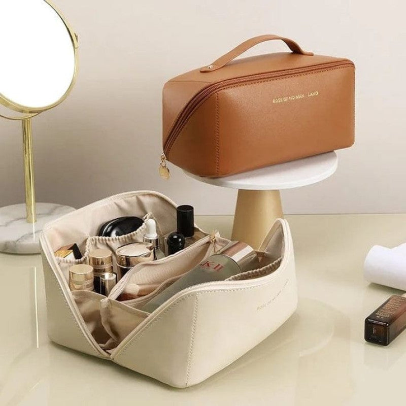 Large Capacity Premium Leather Travel Cosmetic Bag – Stylish & Organized Makeup Storage
