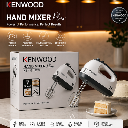 Kenwood KE-139 Hand Mixer Plus – 7 Speed Electric Beater with 180W Motor & Stainless Steel Whisks