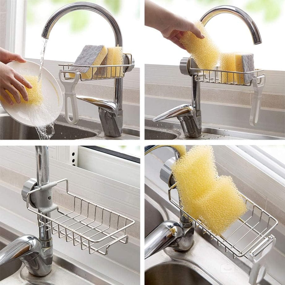 Stainless Steel Faucet Sink Organizer Rack – Soap Holder, Sponge & Brush Storage with Drain Design (Rust-Free)