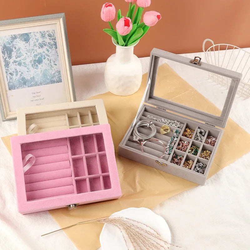Velvet Jewelry Organizer Box with Glass Lid – Ring, Earrings & Accessories Storage Case