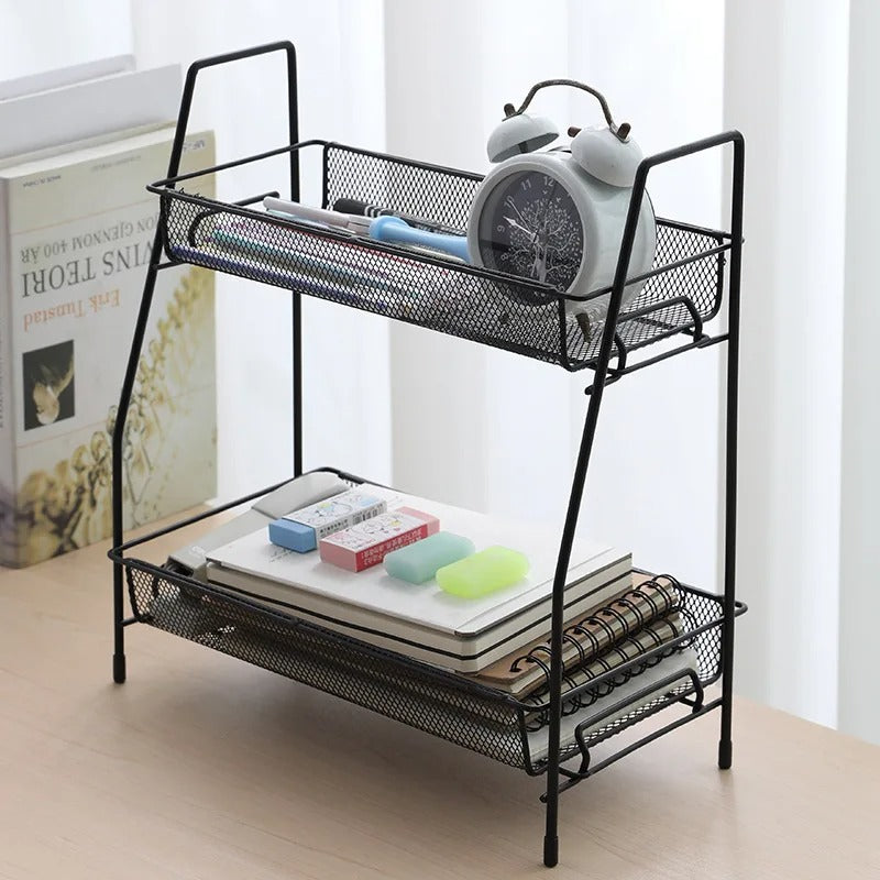 2-Tier Multi-Purpose Storage Rack – Metal Mesh Desktop Organizer for Kitchen, Bathroom & Office