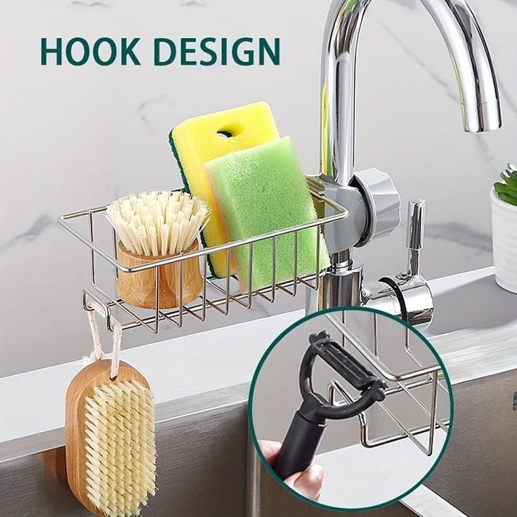 Stainless Steel Faucet Sink Organizer Rack – Soap Holder, Sponge & Brush Storage with Drain Design (Rust-Free)