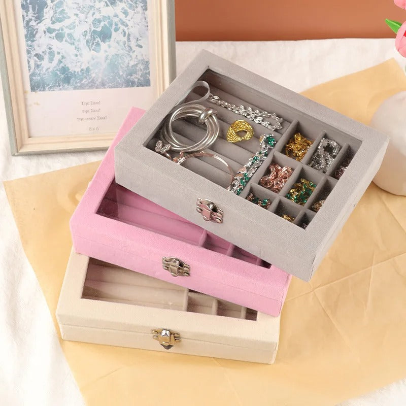 Velvet Jewelry Organizer Box with Glass Lid – Ring, Earrings & Accessories Storage Case