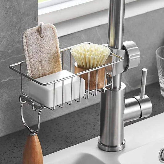 Stainless Steel Faucet Sink Organizer Rack – Soap Holder, Sponge & Brush Storage with Drain Design (Rust-Free)